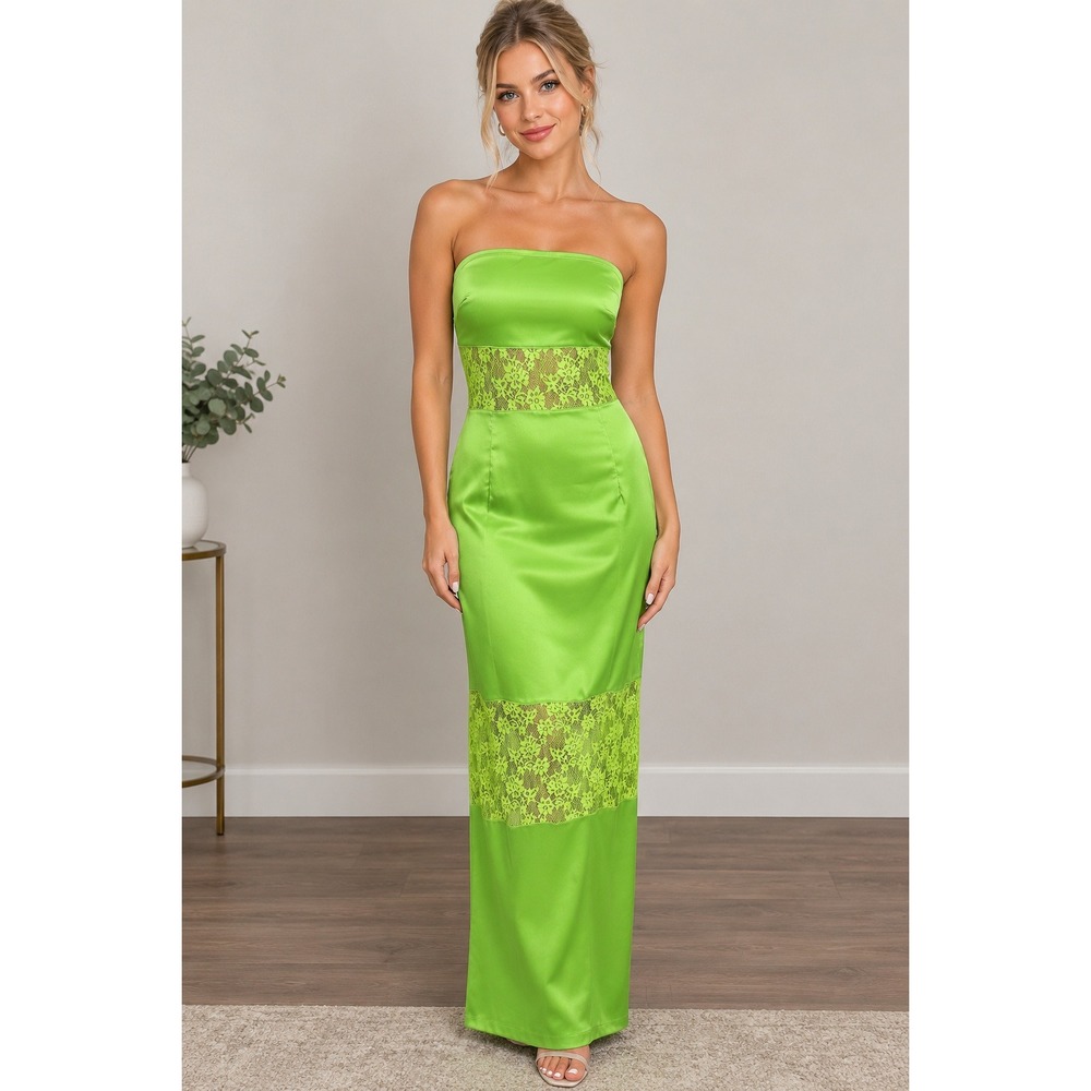Missguided Strapless Lace Panel Satin Maxi Dress Womens Large Lime Green New